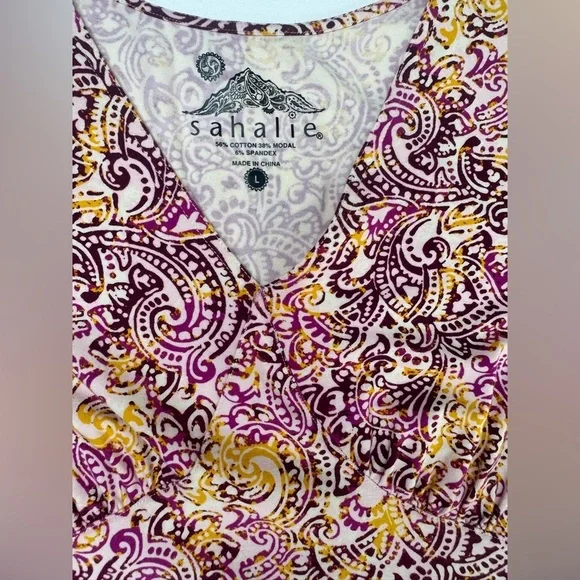 Sahalie Cap Sleeve Stretch Paisley Batik Jersey Stretch Dress Womens Large - Picture 3 of 9